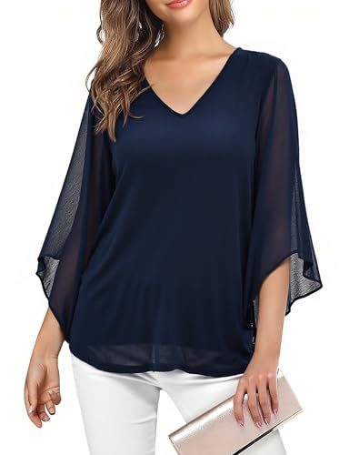 Image of Enmain Top for Women UK, 3/4 Sleeve V-Neck with Navy Blue Ruffled Floral Print, Loose Fit Tunic Blouse, Breathable Summer Shirt for Casual Daily Outings Ladies M