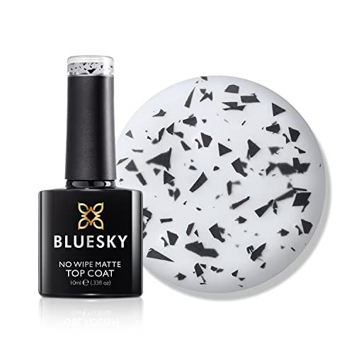 BLUESKY Esmalte de uñas de gel, efecto de cáscara de huevo moteado, capa superior mate, 10 ml, acabado mate, transparente con piezas negras (requiere secado bajo lámpara UV/LED)