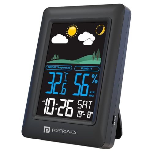 Image of Portronics Meteo Type-C Powered Digital Weather Station Clock with Temperature & Humidity Monitor, Max /Min Records, LED Display, Alarm & Snooze, 12 /24H Format, C /F Switch, Wall /Table Mount