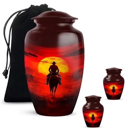 Image of Cowboy Cremation Urn - Large & Small Urns for Human Ashes Adult Male - Urn for Ashes for Women - Cremation Urns for Human Ashes (Combo - 10 inch & 3 inch, 3 Pcs)