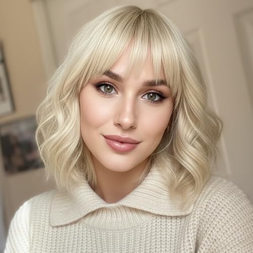 Image of AGO Blonde Wig with Bangs Short Curly Bob Wigs 14Inch Platinum Blonde Wigs Wavy Hair for Women Colorful Cosplay Wig Heat Resistant Fiber Hair for Daily Party Halloween Costume Use(60A /88#Blonde)