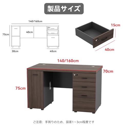 【Ke-ru-no】エグゼクティブデスク 両袖机 役員デスク 社長机 オフィス用 事務机 会社用 1人用テーブル 収納付き ワークデスク 通線穴付き コンパクト作業ホワイト BGZ-55NP-L0 幅140x縦70x丈75cm [2]