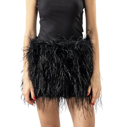 LVCOMEFF Women Ostrich Feather Mini Skirt Hot Elastic Waist Furry Booty Party Club Luxury (US Alpha Medium Regular Regular Black)