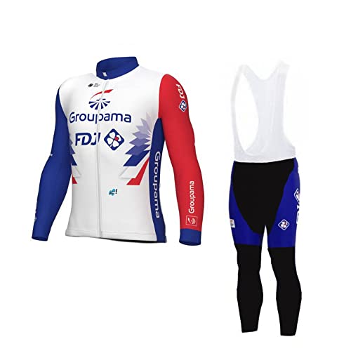 SGCIKER 2022 Team FDJ Hiver Thermique Polaire Maillot de Cyclisme Ensemble, Homme Manches Longues Chauffe Cyclisme Chemise VTT Vélo Vêtements Salopette 9D Gel Pad (L) Cover