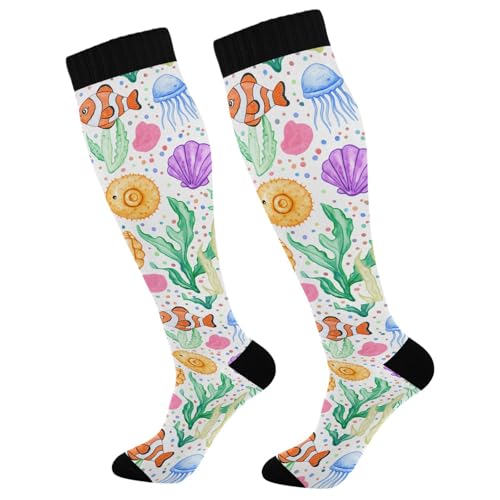Wassud Watercolor Sea Jellyfish Compression Socks for Women and Men 20-30 mmHg Knee High Socks for Nurses Travel Socks 2 Pair