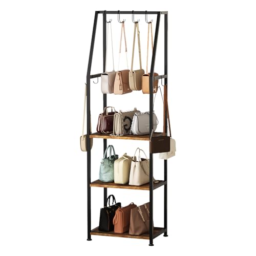 Baomengya Tall Narrow Purse Organizer Stand with Purse Hanger, High-Capacity Floor-Standing Handbag Rack for Small Spaces | Space-Saving Fashion Bags & Purse Display Organizer﻿(Rustic Brown)