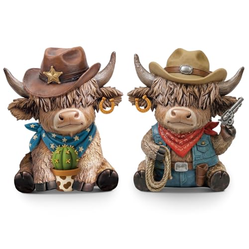Wesiti 2 Pcs Cowboy Highland Cow Figurines, Western Resin Statue Set for Country and Farmhouse Home Shelf Decor, Cute Unique Gift for Cow Lovers and Collectors