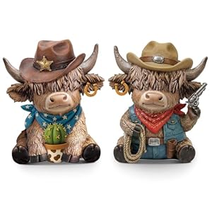 Wesiti 2 Pcs Highland Cow Figurines, Cowboy Western Resin Statue Set | Farmhouse Home Decorations, Country Themed Collectibles for Cow Lovers, Unique Gift Set with Cowboy Accessories