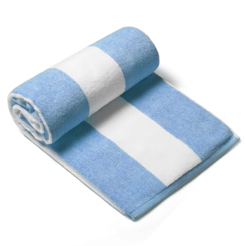 CLOWOOD Plush Oversized Beach Towel - Cotton 40 x 70 Inch Large Thick Placid Blue Striped Cabana Pool Swimming Towel