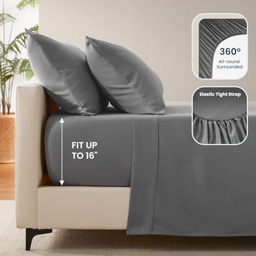 SLEEP ZONE Nanotex Super Soft Cooling King Bed Sheets Set 4 Piece - Easy Care Fitted Flat Sheet & Pillowcase Sets - Wrinkle Free, Fade Resistant, Deep Pocket 16" (Gull Gray, King)