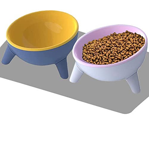 Cuencos inclinados para gatos, cuencos elevados para alimentación de gatos, cuencos elevados para agua, platos para gatitos, ángulo inclinado de 15°, 2 unidades (rosa + amarillo) Cover