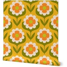 Peel & Stick Wallpaper 3ft x 2ft - Retro Floral Groovy Mid Mod Boho Bohemian MCM Midcentury Modern 1960S 1970S Yellow Green Orange Custom Removable Wallpaper by Spoonflower