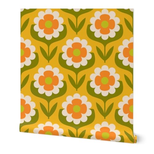 Peel & Stick Wallpaper Swatch - Retro Floral Groovy Mid Mod Boho Bohemian MCM Midcentury Modern 1960S 1970S Yellow Green Orange Custom Removable Wallpaper by Spoonflower