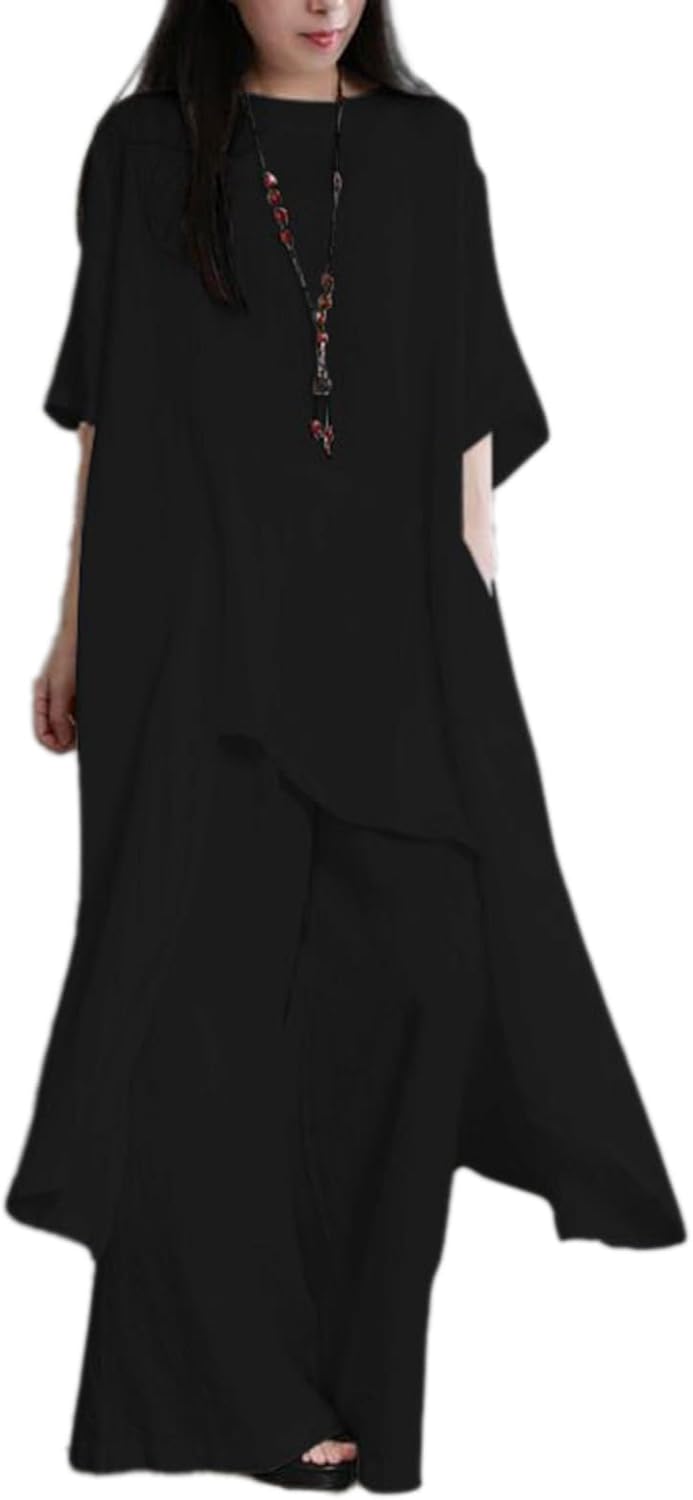 Womens 2 Piece Pants Set, Linen Tunic Shirt + Wide Leg Pants Outfits Lounge Set