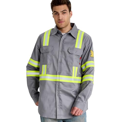 Image of SRsafety Hi Vis FR Shirts for Men,7.0oz Long Sleeve FR Work Shirts,100% Cotton High Visibility Fire Shirt Gray
