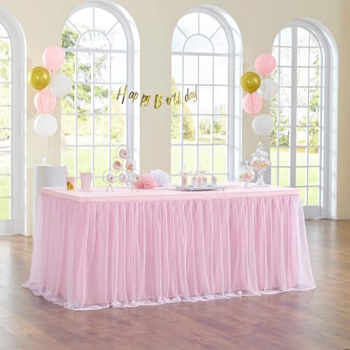 NSSONBEN Baby Rosa Tüll Tischrock Baby Kuchen Dessert Tische, 2-Lagen Rüschen Rosa Tüll Tutu Tuch Tischröcke Tischdeke für Geburtstagspartys Hochzeit Baby Dusche(L275×H76cm, Keine Tischdeckel)