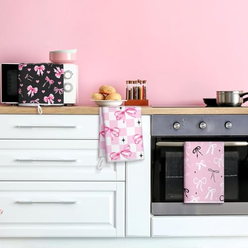 Image of Bencailor 6 Pcs Pink Bow Kitchen Towels Decorative Sets Dish Towels Absorbent Fast Drying Hand Tea Vintage Hanging Reusable Cleaning Dishcloths for Cooking Farmhouse Bathroom Accessory