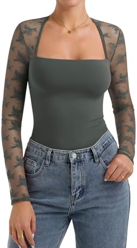 PINKMSTYLE Women Sexy Square Neck Lace Long Sleeve Tops Slim Fit Double Lined Trendy Y2K Going Out Fall Shirts