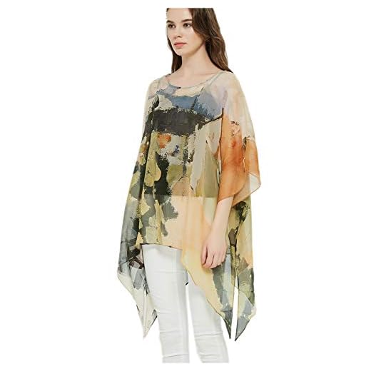 prettystern Damen 100% Seide Tunika Chiffon Poncho Sommer Bluse Strandkleid Überwurf abstrakte Kunst orange