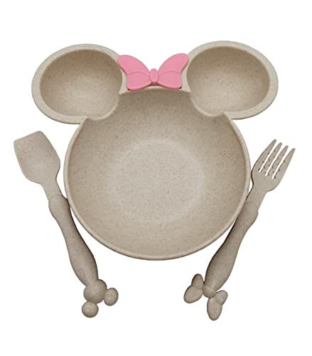 Prato Minnie Infantil Com 3 Divisórias E Talheres BPA Free (Bege)