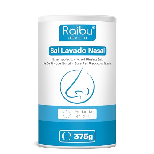Sal para enjuague nasal Raibu para ducha nasal, 150 porciones - 375 g en lata XXL sostenible que incluye cuchara dosificadora - Sal nasal vegana fabricada en Europa - Sal para enjuague nasal
