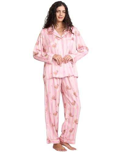 Image of YiNi LuLu Womens Silk Satin Pajamas Set Button Down 2 Piece Pjs Long Sleeve Oversized Sleepwear with Pockets