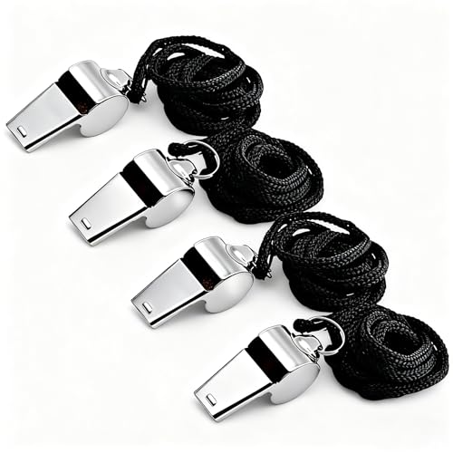 Yoezuo 4 peças apitos, apitos de aço inoxidável com cordão, apitos árbitro desportivos som forte, apito para treinadores, salva-vidas, escola, concurso de grupo