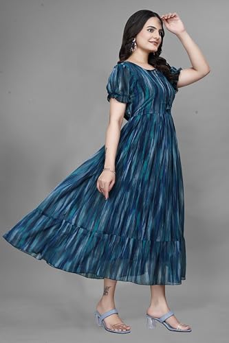 Image of Women Gown with Abstract Print | Georgette One Piece Dress with Puff Sleeves | Round Neck Tiered Midi Frock for Women | Ladies Western Maxi Dress