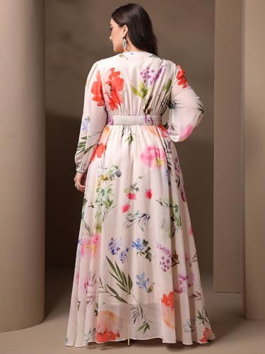Image of Spring Summer 2024 Plus Size Womens Dresses V Neck Casual Elegant Long Sleeve Floral Print Maxi Dress