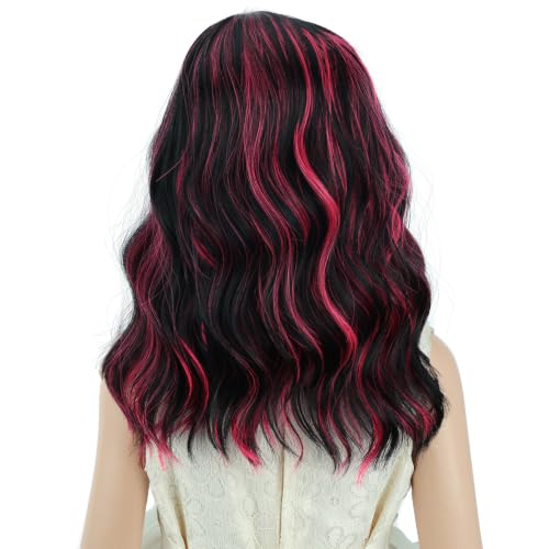 Image of PATTNIUM Girls Black and Hot Pink Short Curly Wavy Wigs Kids Black Side Part Shoulder Length Heat Resistant Synthetic Wig Halloween Cosplay Costume Party Daily Wigs
