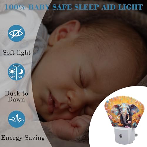 Image of Watercolor Elephant Night Light for Kids Girls Boys, Flowers LED Night Light Plug into Wall with Dusk to Dawn Sensor for Bedroom, Hallway, Kitchen, Bathroom, Stairs Decor