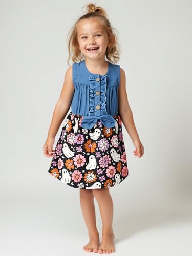 Image of Unique Baby Girls Sleeveless Denim Dress with Knot Tie and Fun Print for Toddler and Big Kids