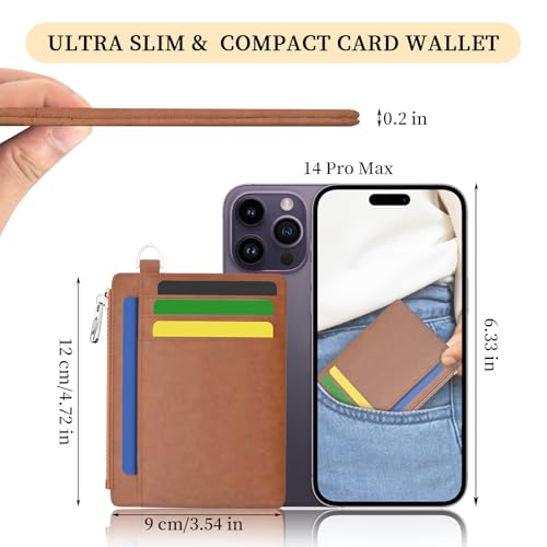 Image of Hancynir Slim Wallet Women Credit Card Holder Minimalist Brown Vintage RFID Small Mini Card Case Front Pocket PU Leather Thin Travel Zipper Coin Cash ID Window Girls Wallet Gifts