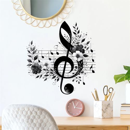 sacinora Black Floral Music Staff Note Wall Stickers, Stave Flower Art Wall Decals Removable Vinyl Peel and Stick Music Studio Bedroom Home Decorations