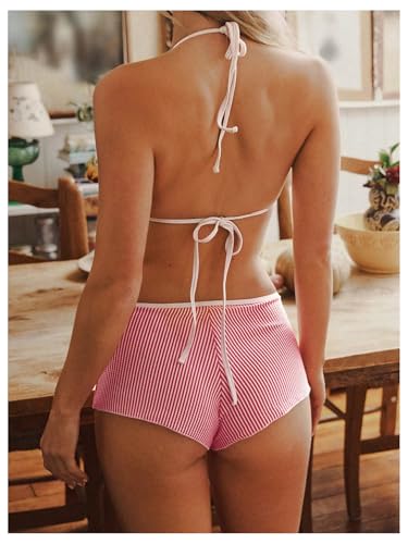 SweatyRocks Women's 2 Piece Striped Bikini Set Halter Triangle Bikini Top with Boyshort Swimsuits2