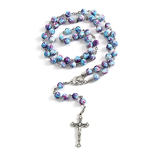 Rosary Beads Catholic for Woman, Handmade Imitation Blue Purple Pearl Rosary Necklace, First Communion Gifts, Wall Crosses Christian Gifts