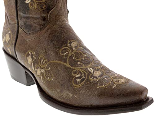 Womens Mesina Brown Western Leather Cowboy Boots Floral Snip Toe3