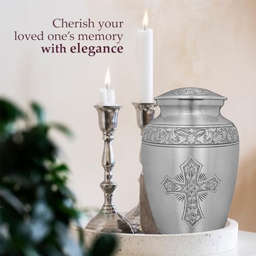 Trupoint Memorials Cremation Urns for Human Ashes, Religious Decorative Burial Urn for Adult Men and Women, Large Silver Cross