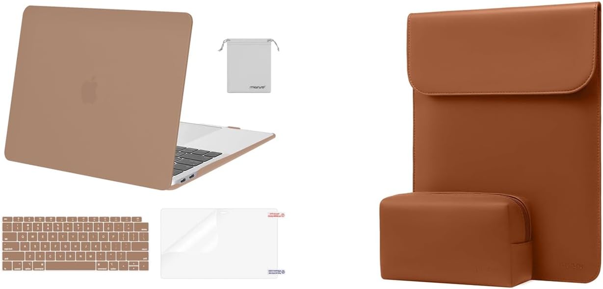 MOSISO Faux Suede Leather Laptop Sleeve with Small Bag&Compatible with MacBook Air 13 Case 2022-2018 A2337 M1 A2179 A1932,Hard Shell&Keyboard Cover&Screen Protector&Storage Bag,Caramel Brown&Brown