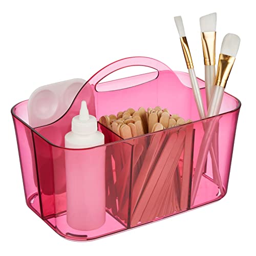 Mdesign Plastic Portable Craft Storage Organizer Caddy Tote, Divided Basket Bin With Handle For Crafts, Sewing, Art Supplies - Holds Brushes, Colored Pencils - Lumiere Collection - Pink Tint #TOP5