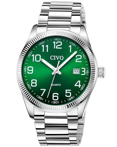 CIVO Reloj Hombre Fácil de Leer: Acero Inoxidable Plateado Analógico Esfera Grande Verde Impermeable - Regalo para Personas Mayores con Discapacidad Visual