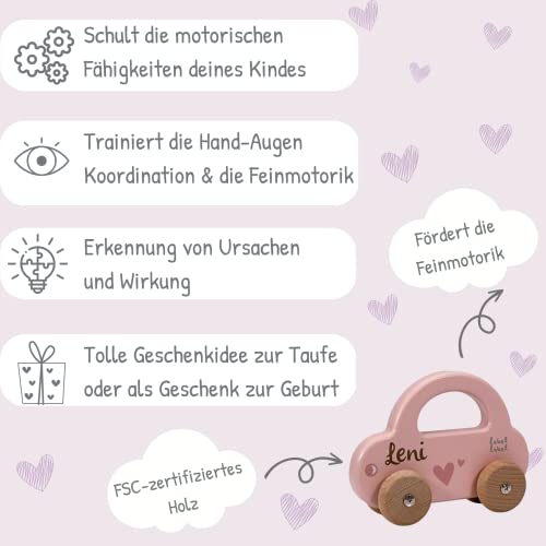 KIDSLINO Holz Spielzeug Auto rosa - personalisierbar I Geschenk zur Geburt & Taufe I Handmade Holzspielzeug ab 1 Jahr I Personalisierte Geschenke Baby I Holzauto mit Name & Geburtstdaten