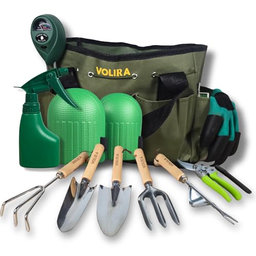 VOLIRA - Herramientas de Jardineria,14PC, Kit Jardineria, Incluye 5 Herramientas con Mango de Madera Antideslizante, Tijeras de Podar, Medidor de Humedad, Bolsa de Jardín.