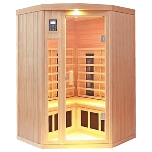 Ceramic Infrared Sauna 2-3 Person Infrared Saunas for Home Low EMF Indoor Home Sauna Spa Hemlock Wooden Corner Sauna Room with Bluetooth Speakers, LED Reading Lamps, Chromotherapy Lights