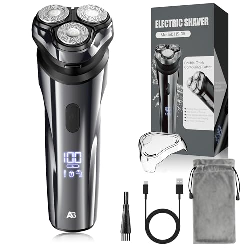 ABGAB Electric Rechargeable Shaver for Men,Wet & Dry Electric Razor, IPX7 Waterproof Rotary Shaver for Men,4D Floating Head, LED Display,Type-C, Travel-Friendly,Silver