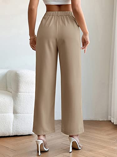 SweatyRocks Women's High Elastic Waist Zip Up Pleated Pants Casual Straight Leg Solid Dress Pants2