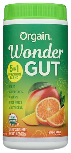 Orgain Organic Wonder Gut Fiber Supplement Powder, 5 in 1 Blend with 1 Billion Probiotics, Greens, Vitamin C, Adaptogens for Gut Health and Immune Support, Non-GMO, Orange Mango, 7.05 oz