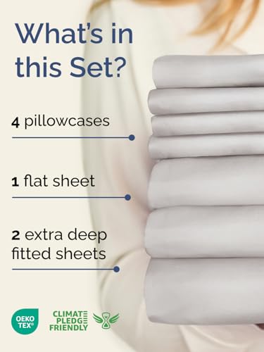 Image of Extra Deep Split King Sheet Set - 7 Piece Cooling Bed Sheets - French Grey | Hotel Luxury Bed Sheets Set, Easy & Secure Fit, Ultra-Soft, Wrinkle & Fade Free, Comfy Sheets Set with Extra Deep Pockets