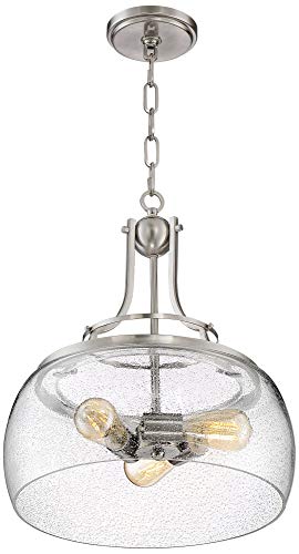 Franklin Iron Works Charleston Satin Nickel Pendant Chandelier 16" Wide Rustic Farmhouse Seeded Clear Glass Led 3-Light Fixture For Dining Room House Foyer Entryway Kitchen Bedroom Living Room #TOP5