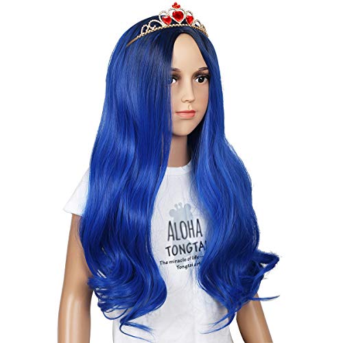 Kids Long Wavy Cosplay Wig With Crown For Halloween Costumes And Party (Dark Root Blue) #TOP4